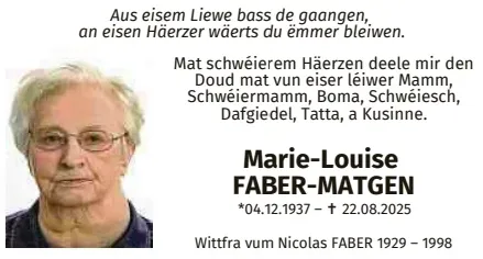 Traueranzeige für Marie-Louise Faber-Matgen