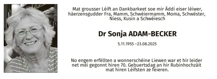 Traueranzeige für DR Sonja Adam-Becker
