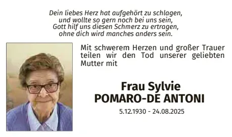 Traueranzeige für Sylvie Pomaro- De Antoni