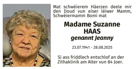 Traueranzeige für Suzanne Haas