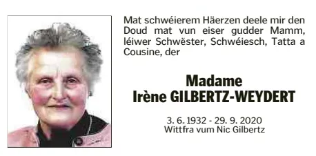 Traueranzeige für Irène Gilbertz-Weydert