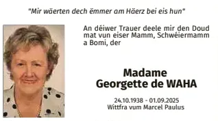 Traueranzeige für Georgette De Waha