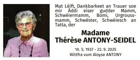 Traueranzeige für Thérèse Antony-Seidel