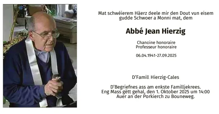 Traueranzeige für Abbé Jean Hierzig