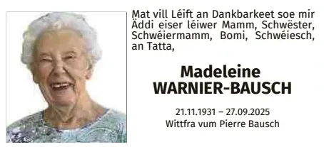 Traueranzeige für Madeleine Warnier-Bausch