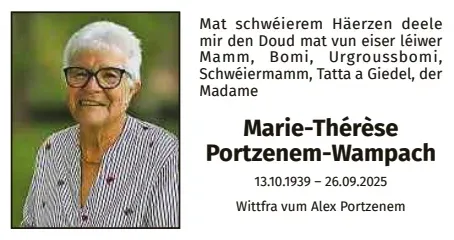 Traueranzeige für Marie-Thérèse Portzenem-Wampach