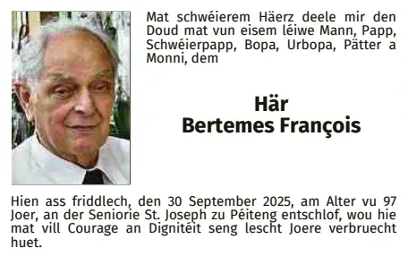Traueranzeige für François Bertemes