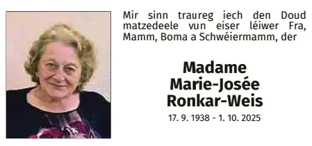 Traueranzeige für Marie-Josée Ronkar-Weis