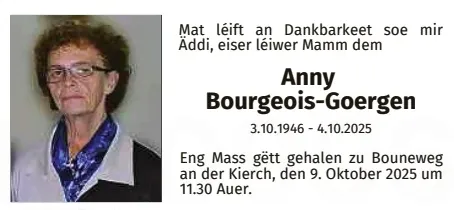 Traueranzeige für Anny Bourgeois-Goergen