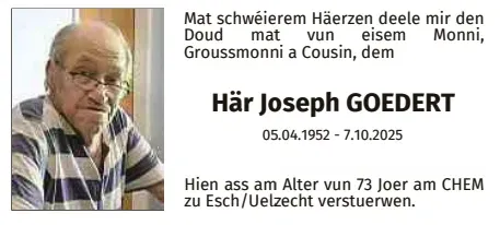 Traueranzeige für Joseph Goedert