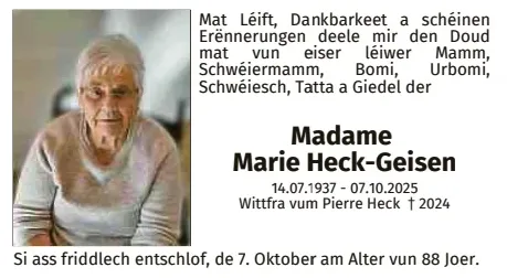 Traueranzeige für Marie Heck-Geisen