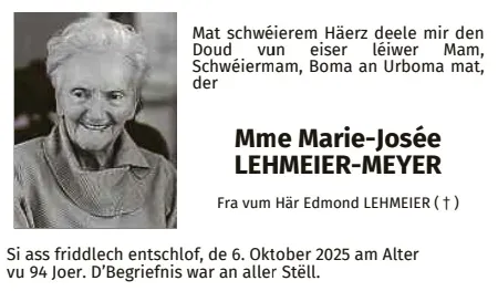 Traueranzeige für Marie-Josée Lehmeier-Meyer