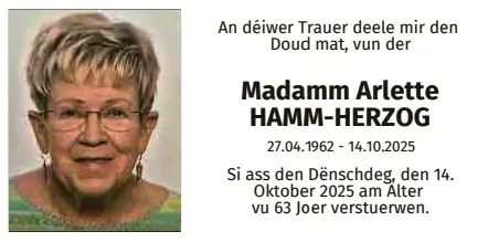 Traueranzeige für Arlette Hamm-Herzog