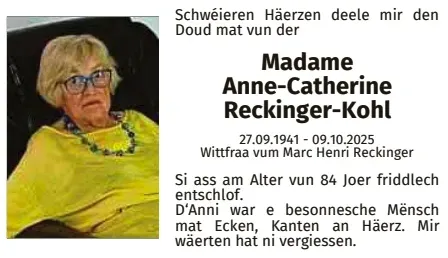 Traueranzeige für Anne-Catherine Reckinger-Kohl