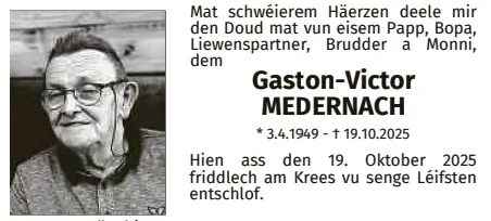 Traueranzeige für Gaston-Victor Medernach