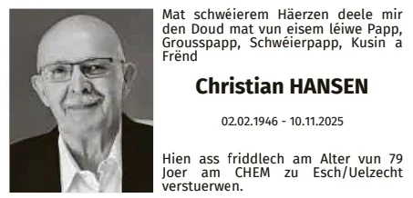 Traueranzeige für Christian Hansen