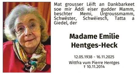 Traueranzeige für Emilie Hentges Heck