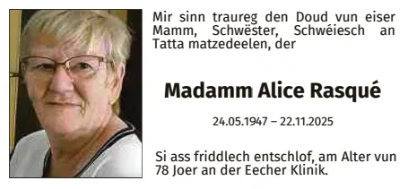 Traueranzeige für Alice Rasqué