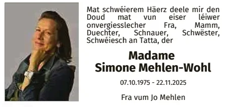 Traueranzeige für Simone Mehlen Wohl