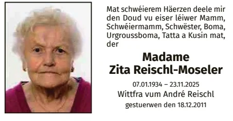 Traueranzeige für Zita Reischl Moseler