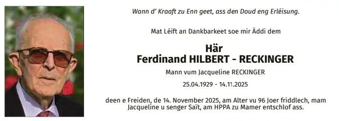 Traueranzeige für Ferdinand Hilbert-Reckinger