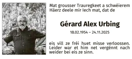 Traueranzeige für Gérard Alex Urbing