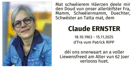 Traueranzeige für Claude Ernster