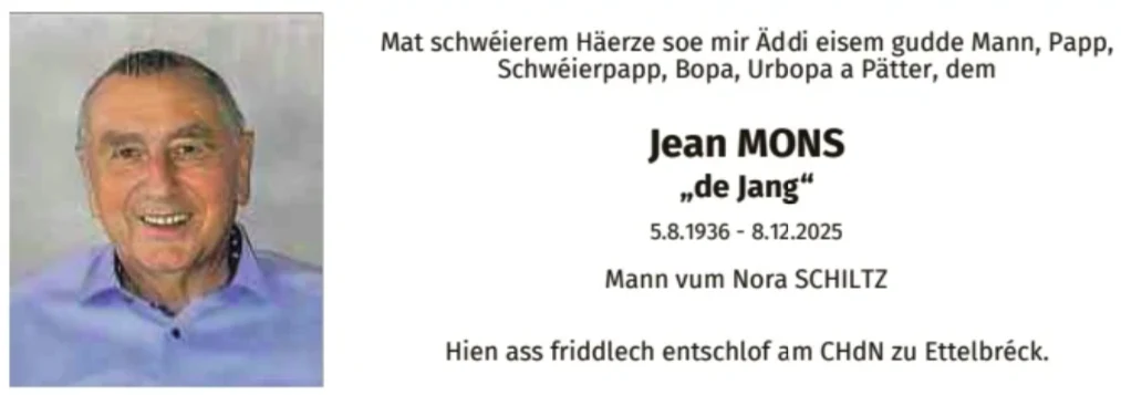 Traueranzeige für Jean Mons