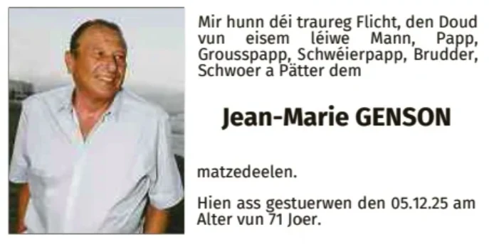 Traueranzeige für Jean-Marie Genson