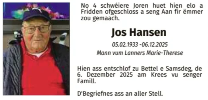 Traueranzeige für Jos Hansen