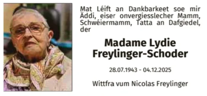 Traueranzeige für Lydie Freylinger-Schoder