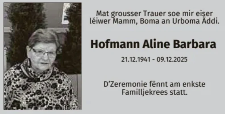 Traueranzeige für Aline Barbara Hofmann