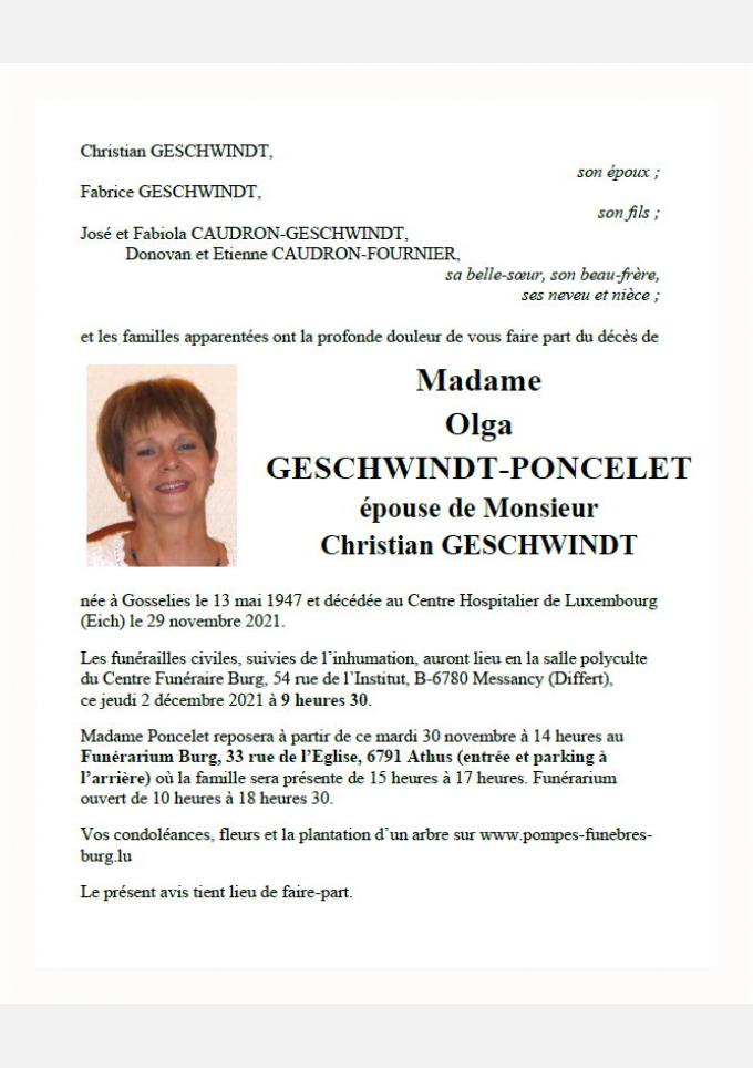 Madame Olga GESCHWINDT-PONCELET 