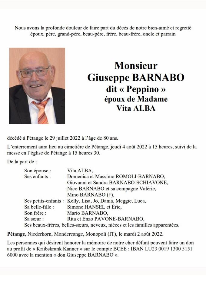 Monsieur Giuseppe BARNABO dit « Peppino »
