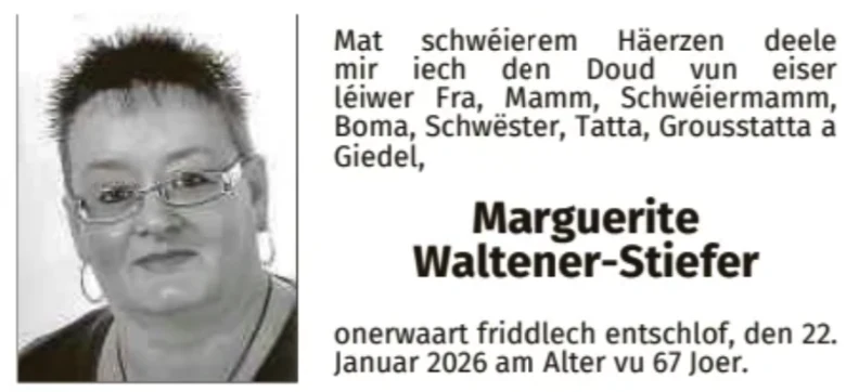 Traueranzeige für Marguerite Waltener-Stiefer