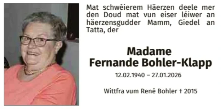 Traueranzeige für Fernande Bohler-Klapp