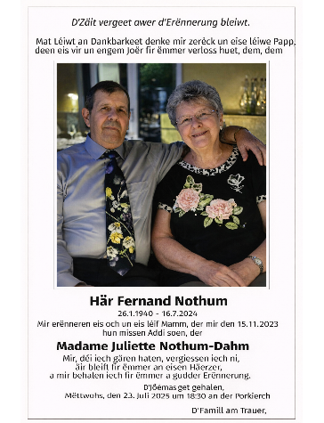Traueranzeige für Mr& Mme Nothum -Dahm
