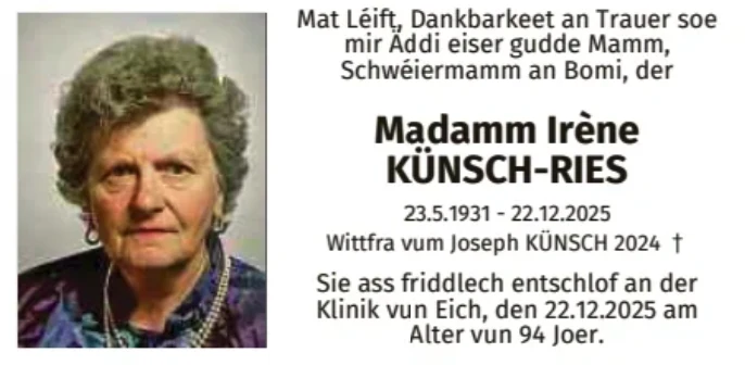 Traueranzeige für Irène Künsch-Ries