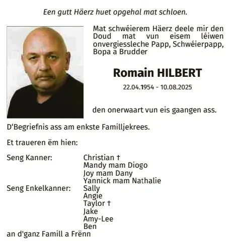 Traueranzeige für Romain Hilbert