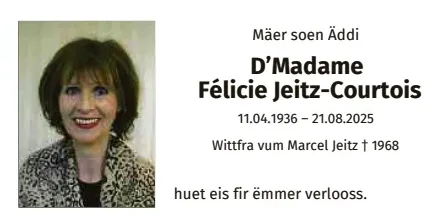 Traueranzeige für Félicie Jeitz-Courtois