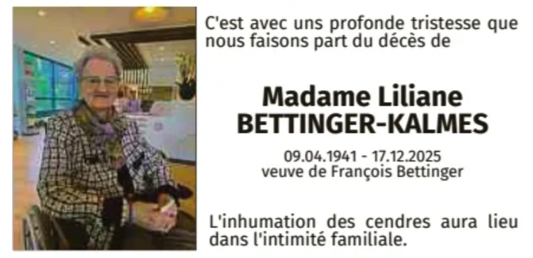 Traueranzeige für Liliane Bettinger-Kalmes