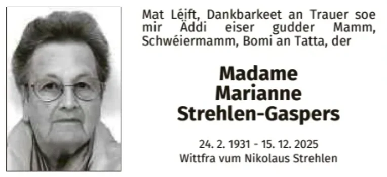 Traueranzeige für Marianne Strehlen-Gaspers