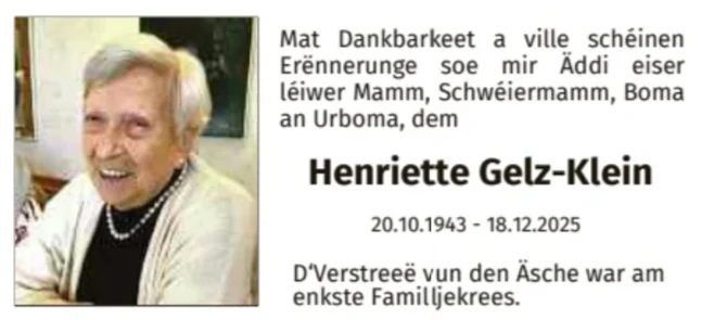 Traueranzeige für Henriette Gelz-Klein