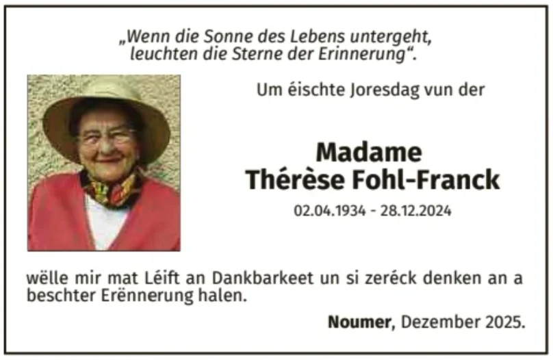 Traueranzeige für Thérèse Fohl-Franck