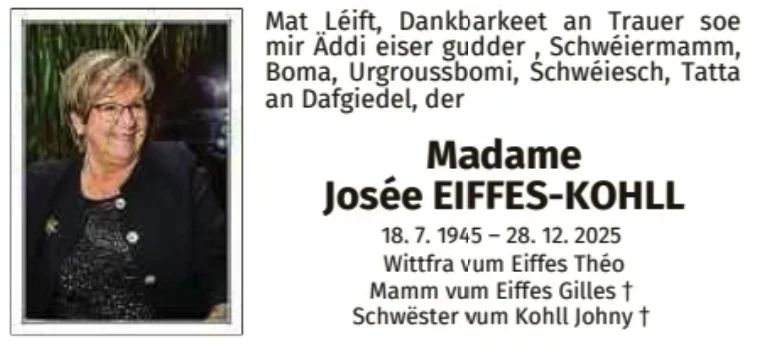 Traueranzeige für Josée Eiffes-Kohll