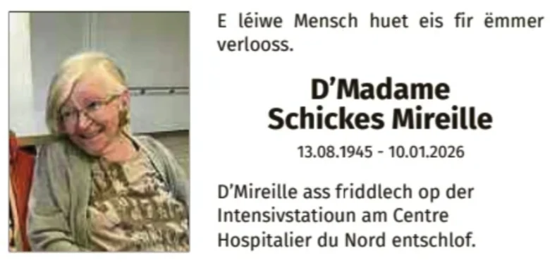 Traueranzeige für Mireille Schickes
