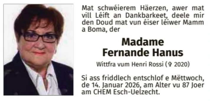 Traueranzeige für Fernande Hanus