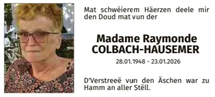 Traueranzeige für Raymonde Colbach-Hausemer