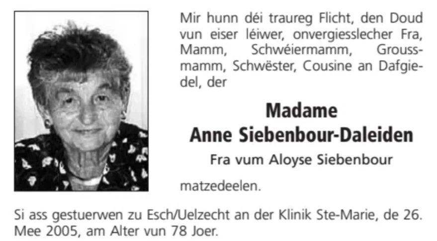 Traueranzeige für Anne Siebenbour-Daleiden