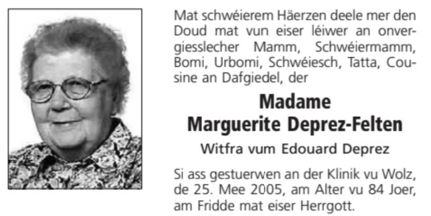 Traueranzeige für Marguerite Deprez-Felten